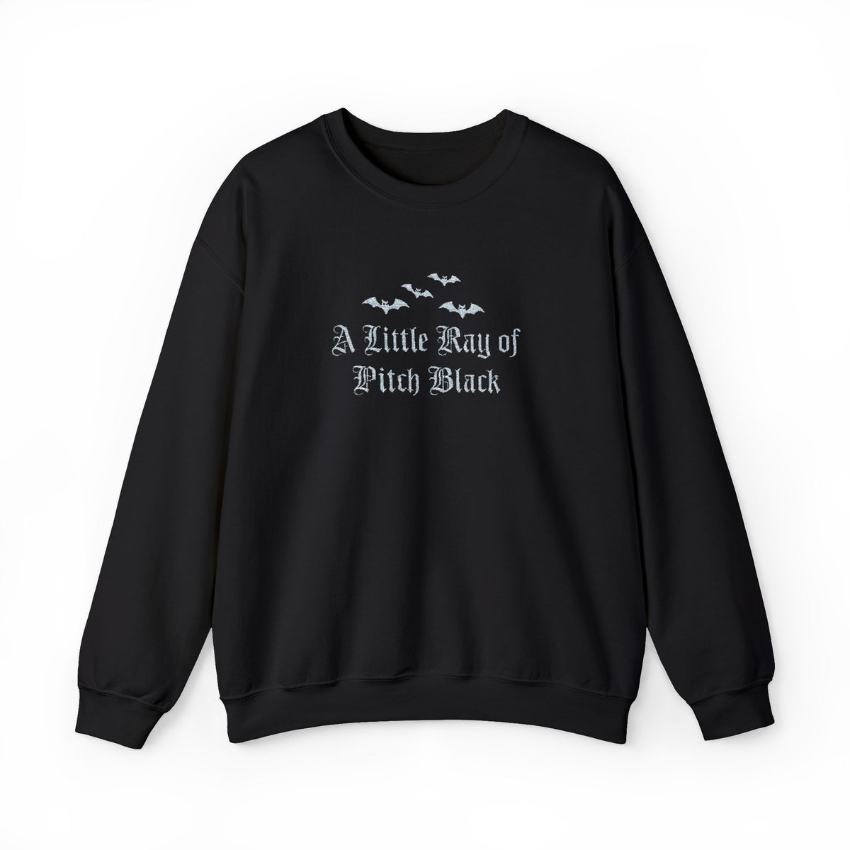 Pitch Black Crewneck Sweatshirt — "A Little Bag of Pitch Black" Gothic Bat Design