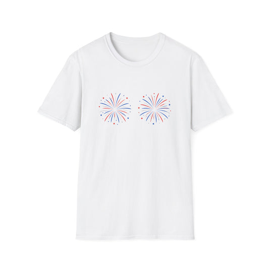Fireworks Chest Graphic Funny 4th of July T-Shirt | Patriotic Women's Tee | Funny Independence Day Shirt